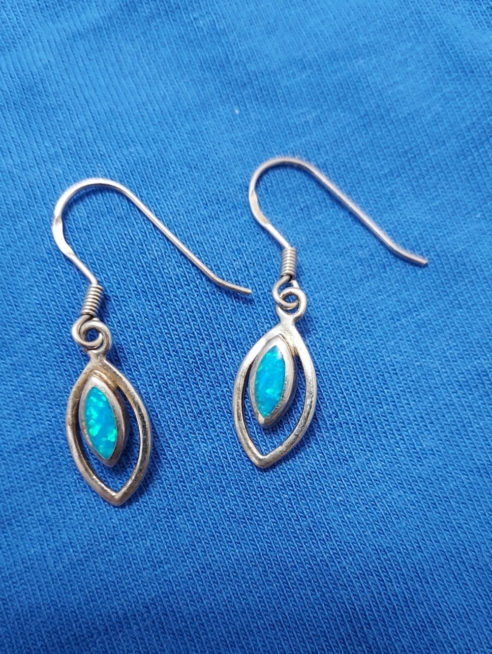 925 Silver Teardrop Earrings with Blue Opal Inlay